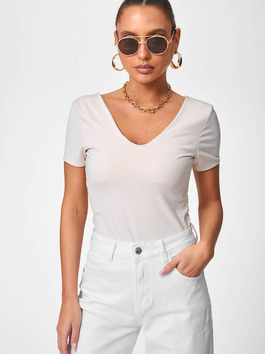 Beige Deep Neck Bodysuit