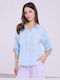 Celestino Women's Linen Shirt Sequins Loose Fit Light Blue