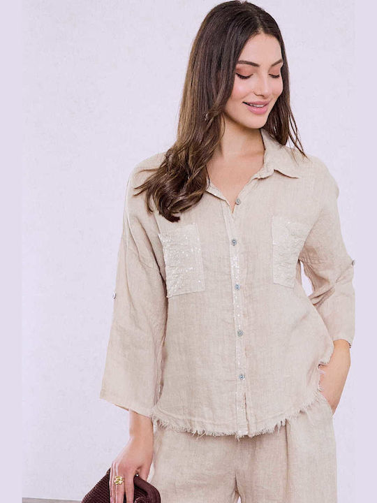 Celestino Women's Linen Shirt Sequins Loose Fit Beige