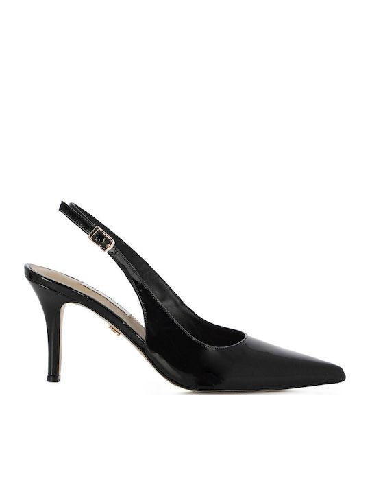 Leather Heels with Strap & Thin High Black Heel