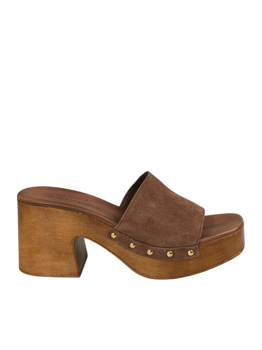 Mules With Chunky High Heel In Brown Colour