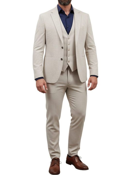 Men's Suit with Vest with Slim Fit Beige