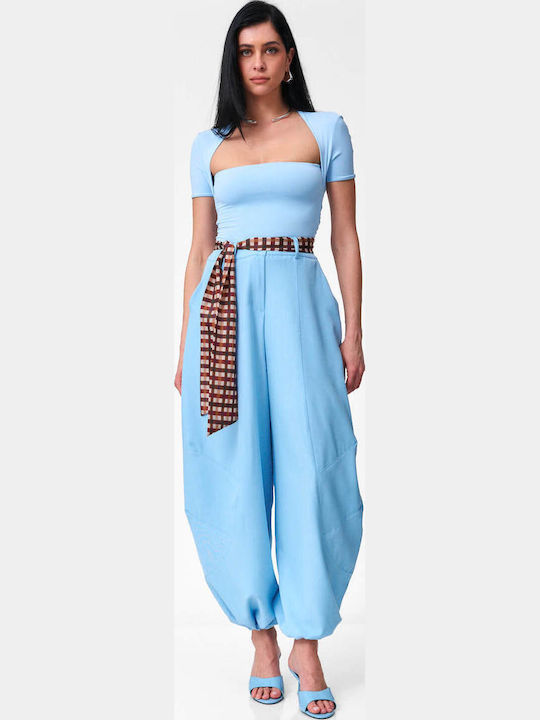 Damen Stoffhose mit Gummiband in Balloon Bein Stil Hellblau