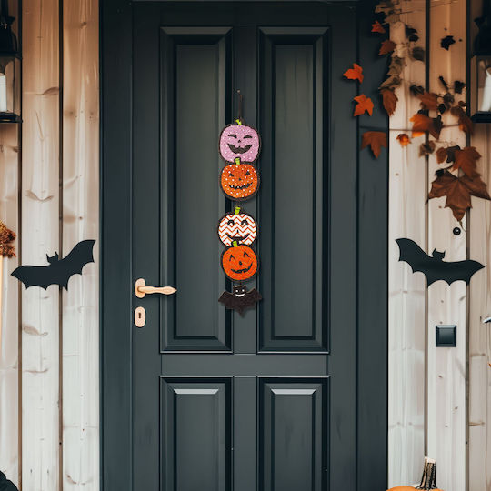Decorațiune De Halloween Dovleac Suspendat Din Lemn Mdf 62 X 13 Cm Portocaliu Mov Negru Sclipicios