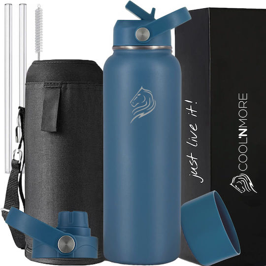 Cool'NMore Stainless Steel Thermos Bottle BPA Free 1.2lt Denim with Mouthpiece Loop Straw and Handle