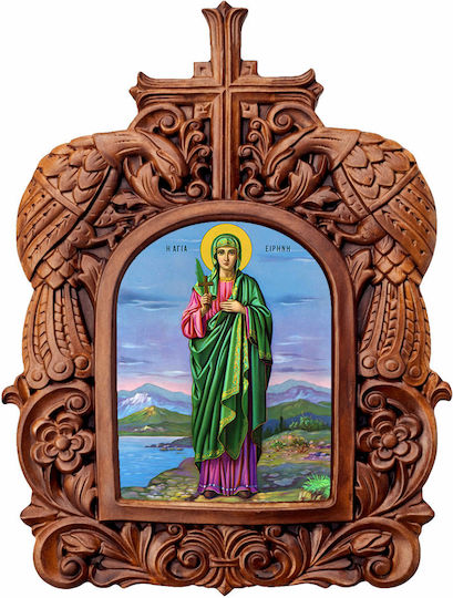 Αγία Ειρήνη Ξυλόγλυπτη Κορνίζα Παγώνια 38cm