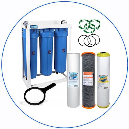 Aqua Filter Big Blue Wasserfiltrationssystem Dreifach Zentrale Versorgung Rohrquerschnitt 1'' mit Ersatzfilter BBPSCSTCBLP20