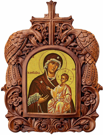 Holy Mary Portaïtissa Wooden Carved Frame Peacock 38cm