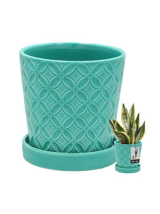 Kotarbau Ghiveci De Flori Ceramică Turcoaz Cu Farfurie 13x13cm