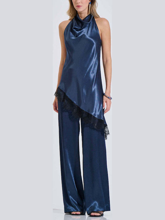 Women's Satin Sleeveless Drape Top Blue