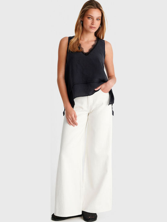 Women's Sleeveless Striped Black Blouse