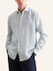 Long Sleeve Linen Shirt in Narrow Fit Striped Turquoise
