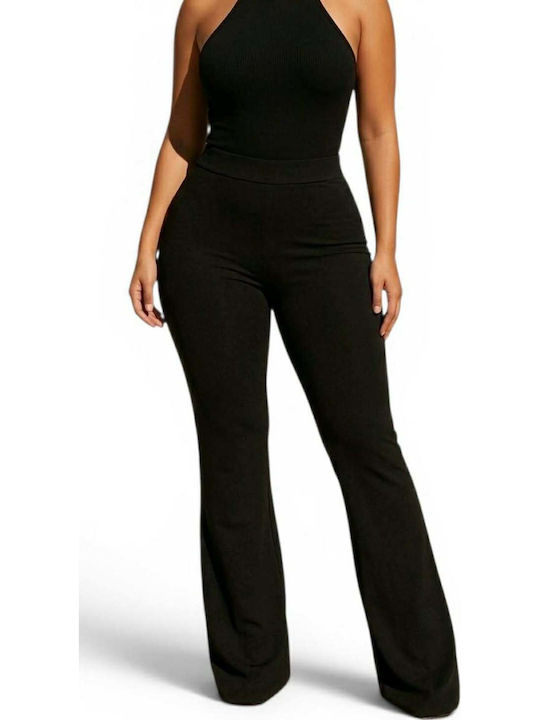 Women's High Rise Crepe Flared Trousers with Rubber Band Black