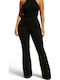 Women's High Rise Crepe Flared Trousers with Rubber Band Black