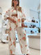 Women's White-Pink Set with Trousers with Rubber Band in Relaxed Fit Floral