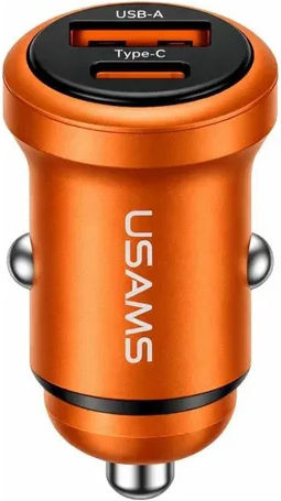 Usams CC322 Car Charger 30W Fast Charging with Ports 1xUSB 1xType-C Orange Colour