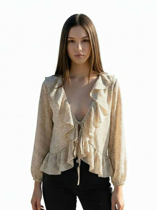 Langärmeliges Damenhemd Beige Polka Dot