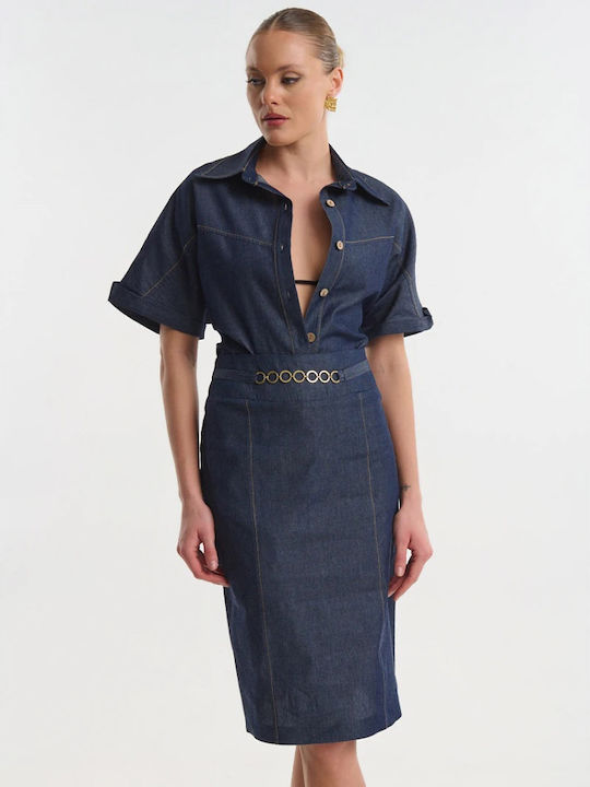 Fustă Midi Talie Înaltă Din Denim Albastră