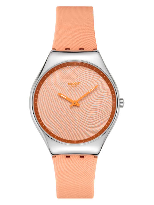 Swatch Damenuhr Batterie mit Orange Gummi Armband