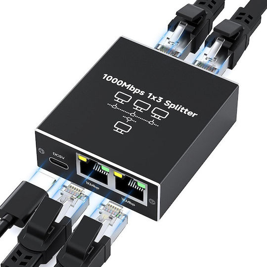 Splitter Rețea Ethernet Zola 3 Porturi Rj45 1 Gb S Ftp Compatibil Cat5e Cat6 Cat7 Cat8 Alimentat Usb Negru