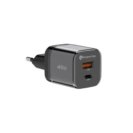 Hyperloq Wireless Charger (Qi Pad) GaN With USB-A Port and USB-C Port 45W Power Delivery / Quick Charge 4.0 Gray (NeoCharger)