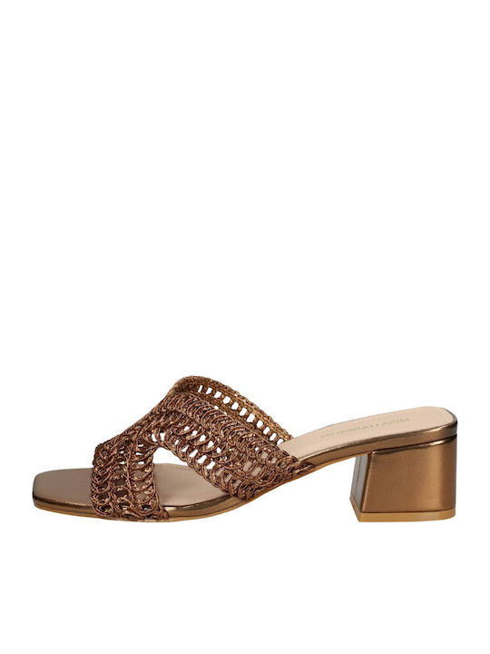 Satin Mules with Heel in Gold Colour
