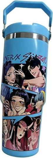 K-Pop-Dämonenjäger Rostfreier Stahl Kinder Trinkflasche Thermos mit Stroh Hellblau 900ml