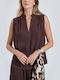 Women's Sleeveless Blouse with V-Neck Brown