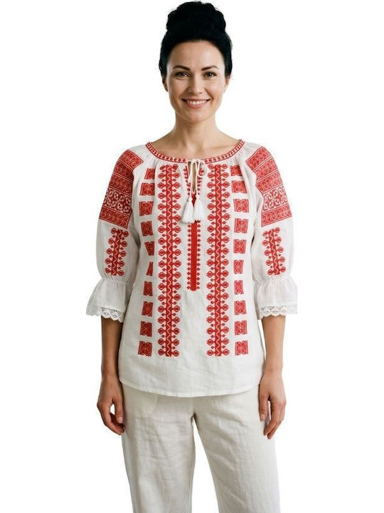 Bluza Damă Bumbac Mânecă Lungă Alb Optic/Roșu