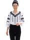 Bluza Damă Bumbac Mânecă Lungă Alb Crystal/Negru