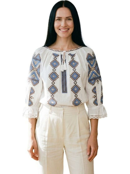 Bluza Damă Bumbac Mânecă Lungă Alb/Maro