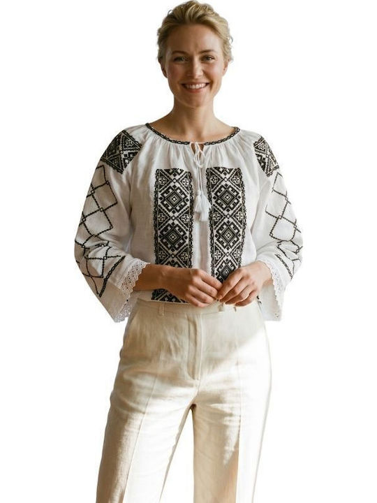 Bluza Damă Bumbac Mânecă Lungă Alb/Negru Mat