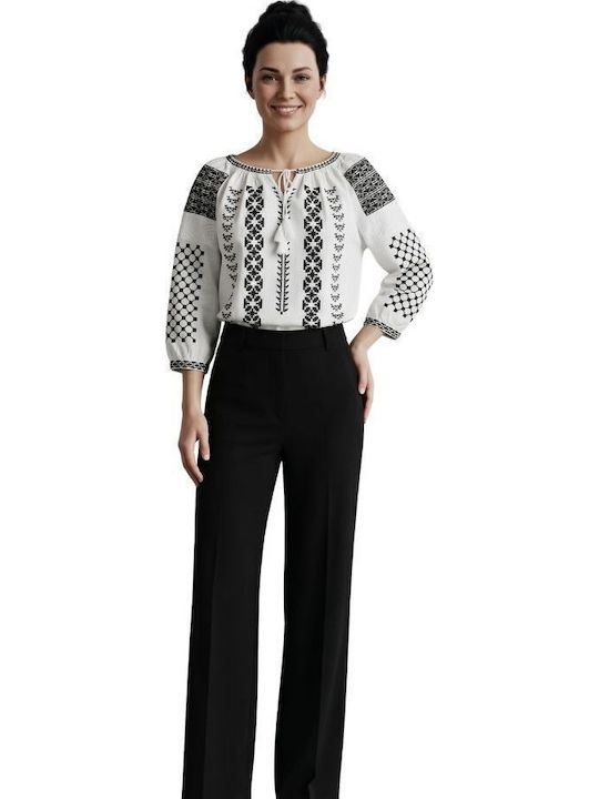 Bluza Damă Bumbac Mânecă Lungă Alb/Negru