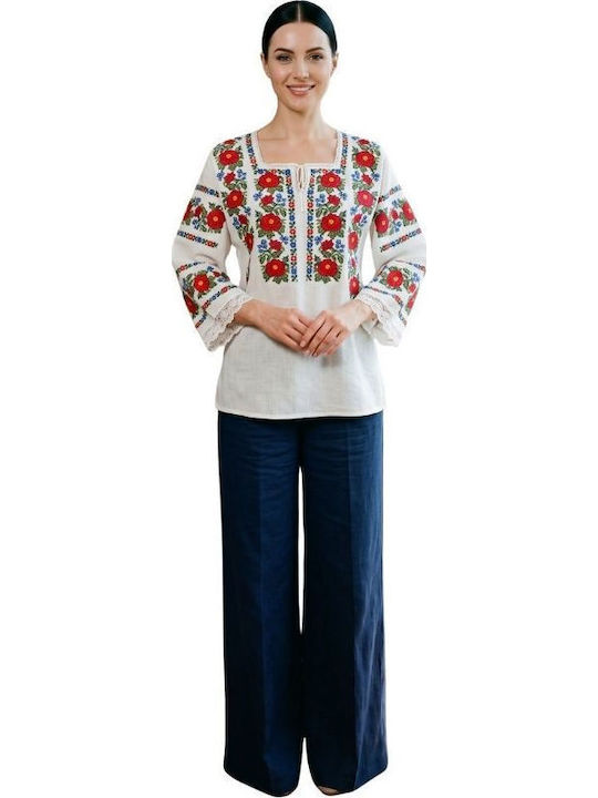 Bluza Damă Bumbac Mânecă Lungă Alb Verde Închis