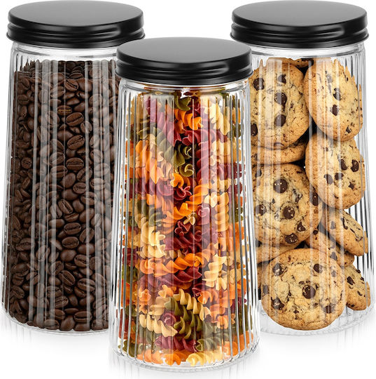 Vilde Set of 3 Glass Jars for Coffee Pasta Cereals with Lid Black 1400ml