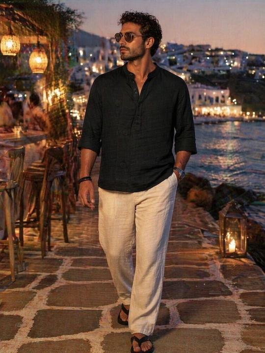 Long Sleeve Linen Shirt Regular Fit Black