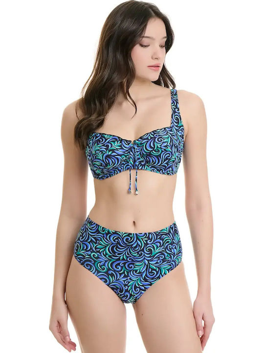 Set Bikini Hohe Taille Blau Grün Muster