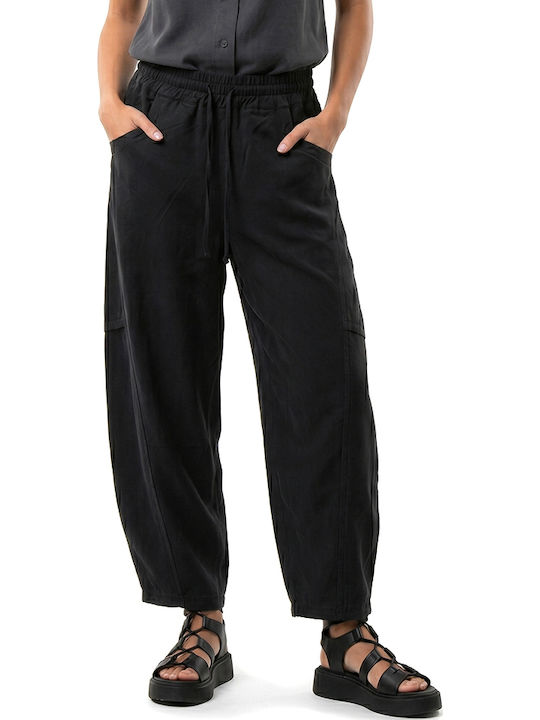 Black n Black Women's High Rise Fabric Trousers with Rubber Band in Loose Fit Black Black n Black Women's High Rise Fabric Trousers with Rubber Band in Loose Fit Black
