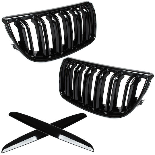 ModeCar Bmw 3 E90 E91 04-09 Limousine Kombi Kühlergrill Zwischen Scheinwerfern Nieren Links + Rechts Set Schwarz Hochglanz Doppelstangen Gebogene Lamellen