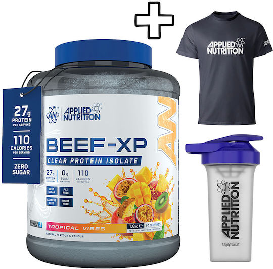 Applied Nutrition Rindfleisch-xp Hydrolysiertes Protein 1800g Blauer Himbeergeschmack & Applied Nutrition Shaker 700ml & Applied Nutrition T-Shirt XL Benutzerdefiniertes Bundle