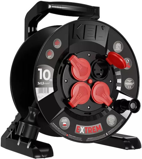 Extreme Line Reel Extension Cord 4 Sockets Ip44 16a 10m Black W-100020
