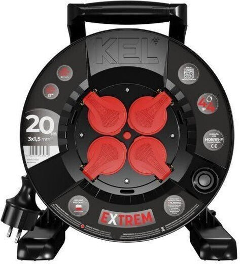 Extreme Line Reel Extension Cord 4 Sockets Switch Ip44 16a H05rr-f 3x1.5 20m Black