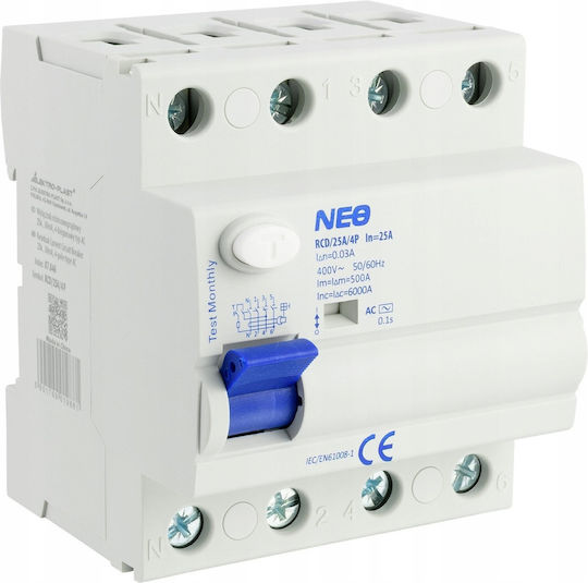 Нов Остатъчен Токов Прекъсвач 25A 30mA 4-Полюсен AC Тип RCD 25A 4P