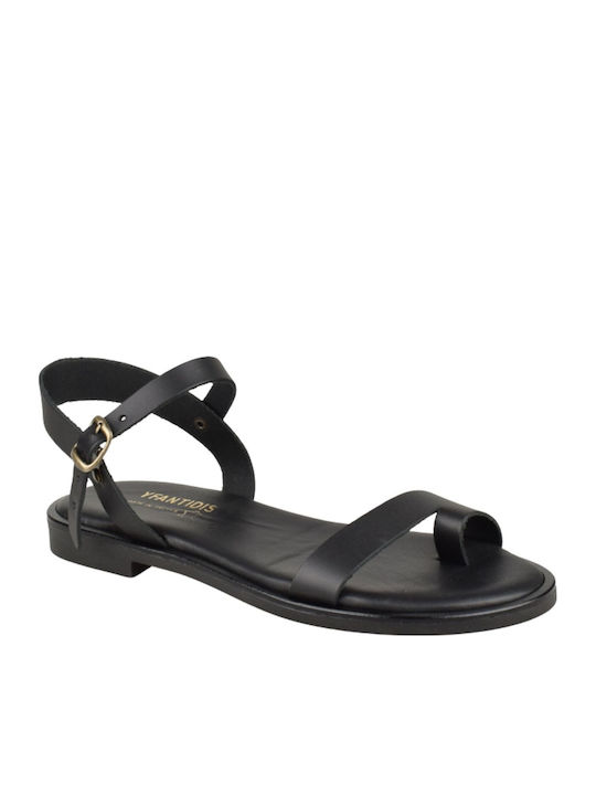 Yfantidis Leather Women's Flat Sandals Black