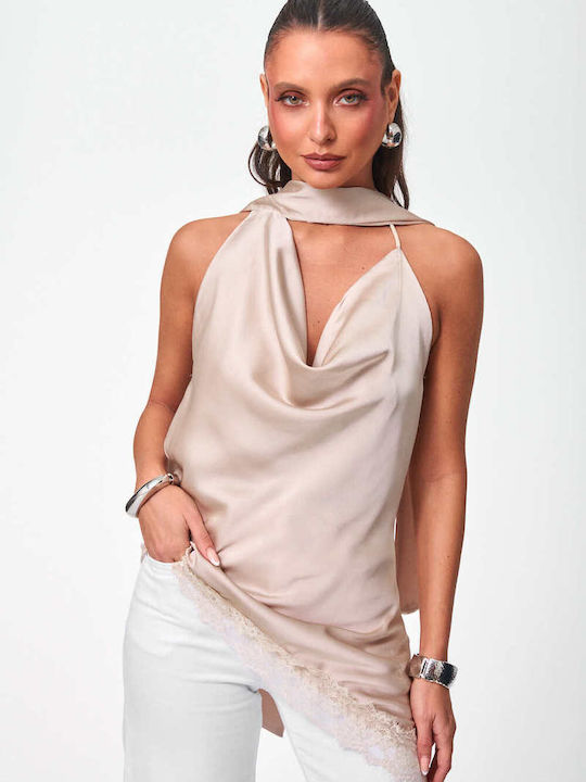 Decoro Women's Satin Blouse with Lace Beige