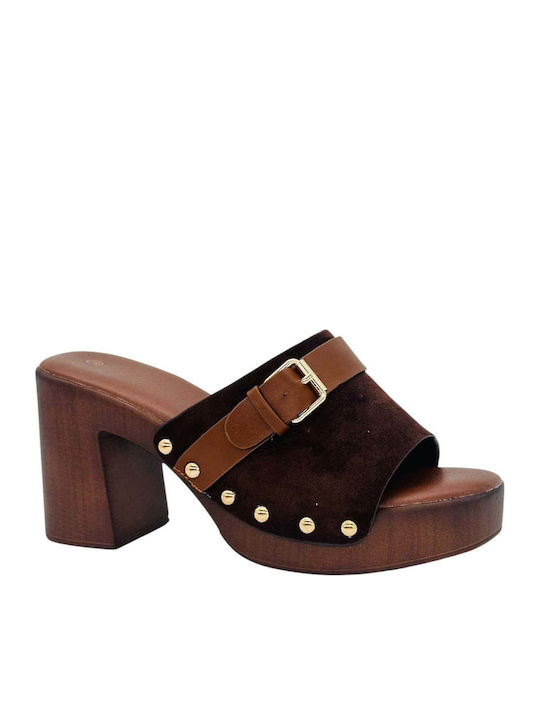 Alta Moda Mules με Ψηλό Τακούνι σε Καφέ Χρώμα