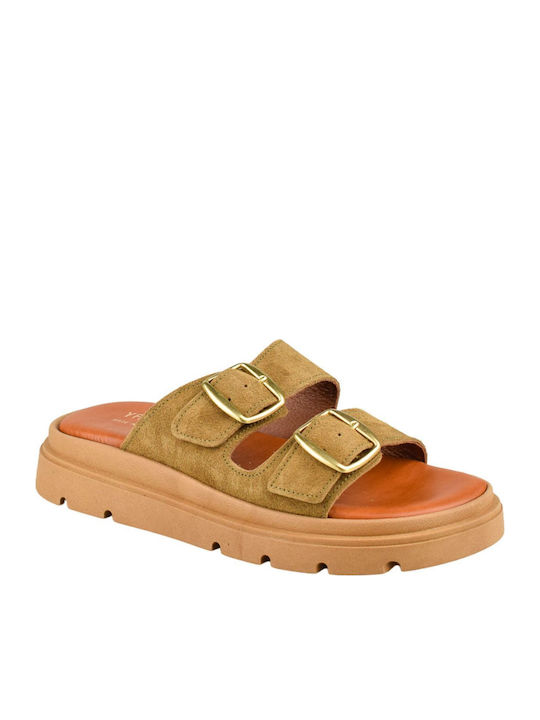 Yfantidis Leather Women's Flat Sandals Green