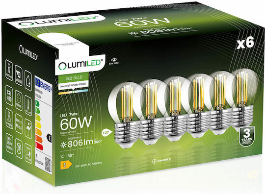 Lumiled Λάμπες LED 7W για Ντουί E27 και Σχήμα P45 Φυσικό Λευκό 806lm 6τμχ