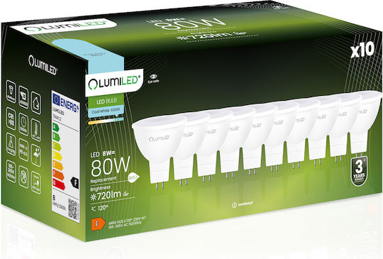 Lumiled LED Лампи 8W За Цокъл GU5.3 И Форма MR16 Хладно Бяло 720 Лумени 10 Бройки