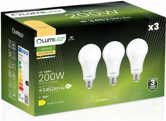 Lumiled Becuri LED 24W Pentru Bază De Bec E27 Și Formă A60 Alb Cald 3452 Lumen 3 Bucăți
